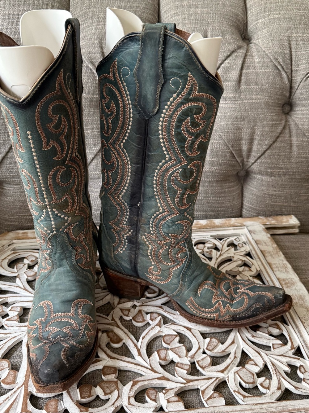 Circle G by Corral Teal Leather Cowboy Boots Tan Embroidery Women’s 8.5 - Picture 8 of 10